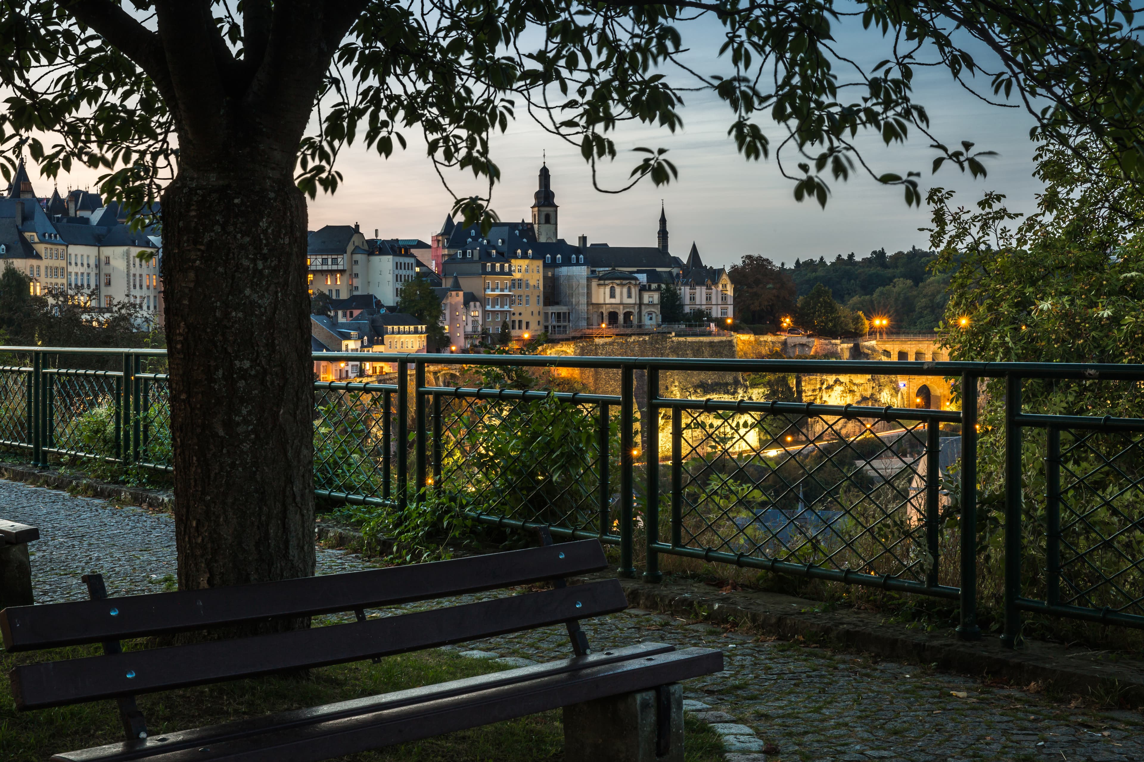 Twilight view of Luxembourg City's old town and lit casemates from a park bench