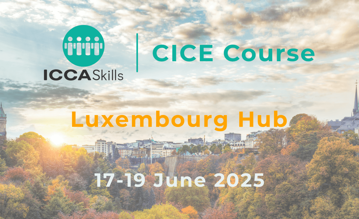 ICCA Skills CICE Course Luxembourg Hub banner, 17-19 June 2025, over an autumn city skyline